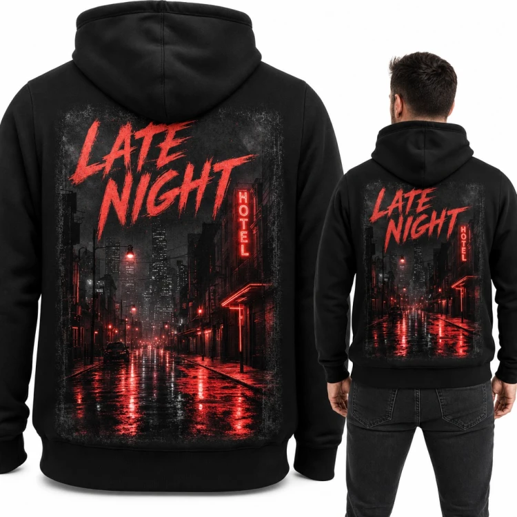 Bluza męska z kapturem - neonowe miasto nocą „Late night” - duży nadruk na plecach
