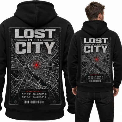 Bluza męska z kapturem „Lost in the City” - mapa miasta ze współrzędnymi GPS, duży nadruk na plecach