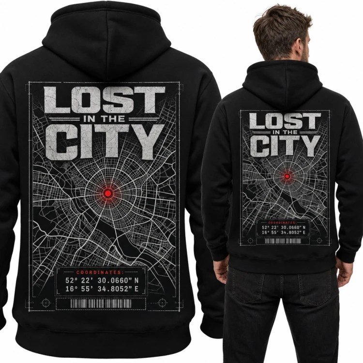 Bluza męska z kapturem „Lost in the City” - mapa miasta ze współrzędnymi GPS, duży nadruk na plecach