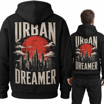 Bluza męska z kapturem „Urban Dreamer” - panorama wieżowców i czerwone słońce, duży nadruk na plecach