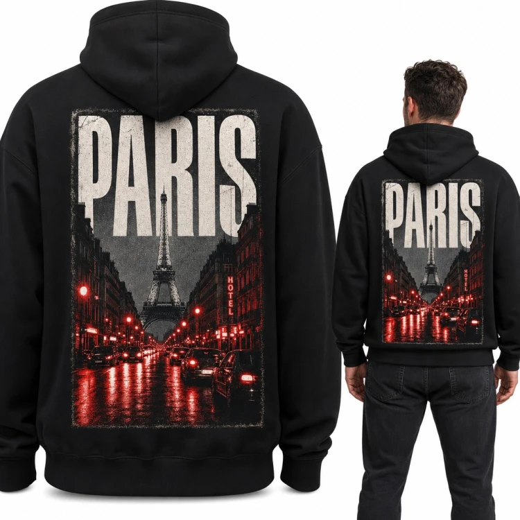 Bluza męska z kapturem „Paris” - wieża Eiffla i nocna ulica, duży nadruk na plecach
