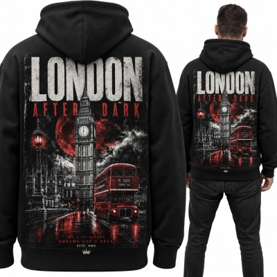 Bluza męska z kapturem „London After Dark” - Big Ben i czerwony autobus, duży nadruk na plecach