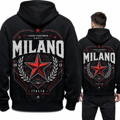 Bluza męska z kapturem „Milano” - streetwearowy emblemat z czerwoną gwiazdą - duży nadruk na plecach