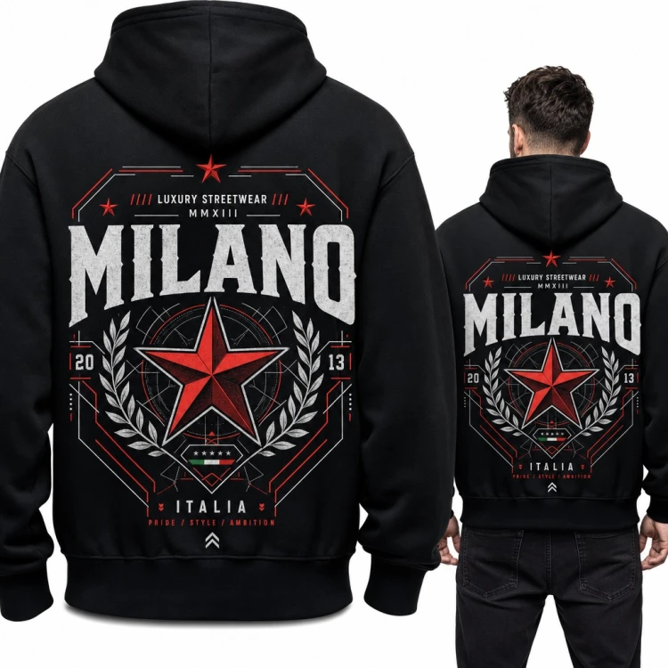 Bluza męska z kapturem „Milano” - streetwearowy emblemat z czerwoną gwiazdą - duży nadruk na plecach