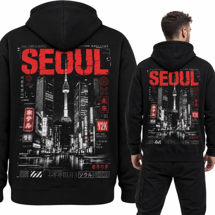 Bluza męska z kapturem „Seoul” - nocne miasto z N Seoul Tower w stylu Y2K - duży nadruk na plecach