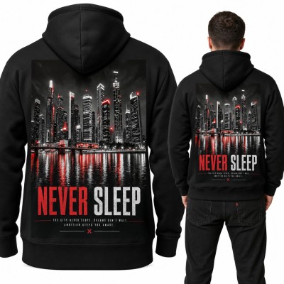 Bluza męska z kapturem „Never sleep” - nocne miasto, duży nadruk na plecach