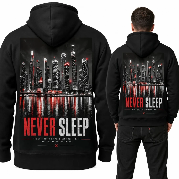 Bluza męska z kapturem „Never sleep” - nocne miasto, duży nadruk na plecach