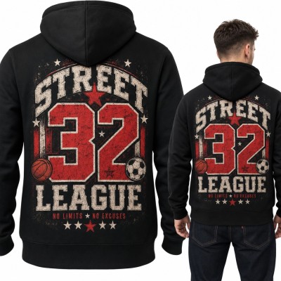 Bluza męska z kapturem „Street 32 League” - koszykówka i piłka nożna, duży nadruk na plecach