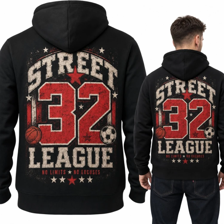 Bluza męska z kapturem „Street 32 League” - koszykówka i piłka nożna, duży nadruk na plecach
