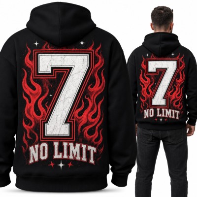 Bluza męska z kapturem - numer 7 w płomieniach „No Limit” - duży nadruk na plecach
