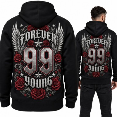 Bluza męska z kapturem „Forever 99 Young” - skrzydła i czerwone róże, duży nadruk na plecach