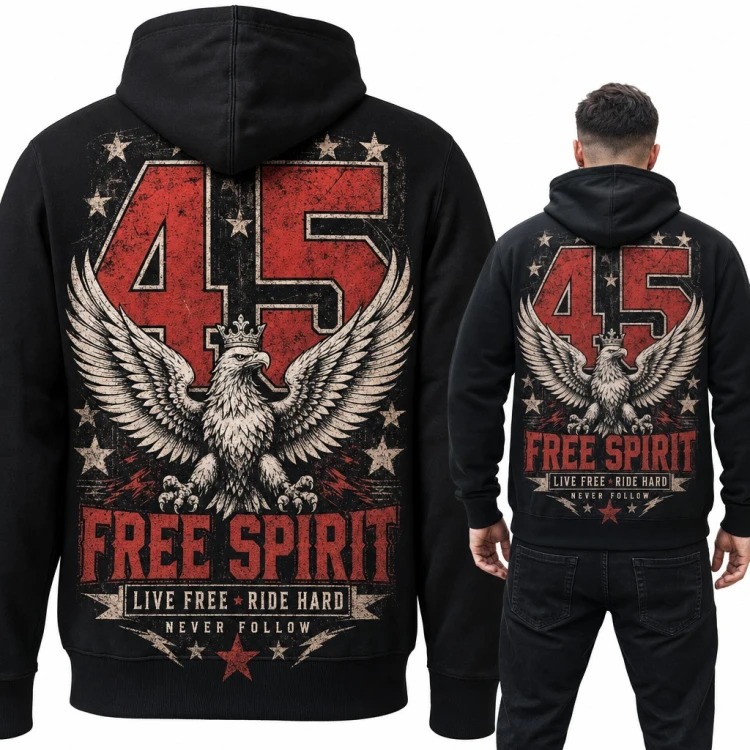 Bluza męska z kapturem - orzeł w koronie i „Free Spirit” dla motocyklisty - duży nadruk na plecach