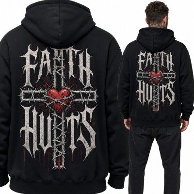 Bluza męska z kapturem „Faith hurts” - gotycki krzyż z drutem kolczastym i sercem, duży nadruk na plecach