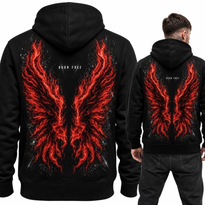 Bluza męska z kapturem - ogniste skrzydła „Burn free” - duży nadruk na plecach