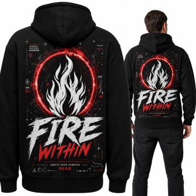 Bluza męska z kapturem „Fire Within” - biały płomień w czerwonym kręgu, duży nadruk na plecach
