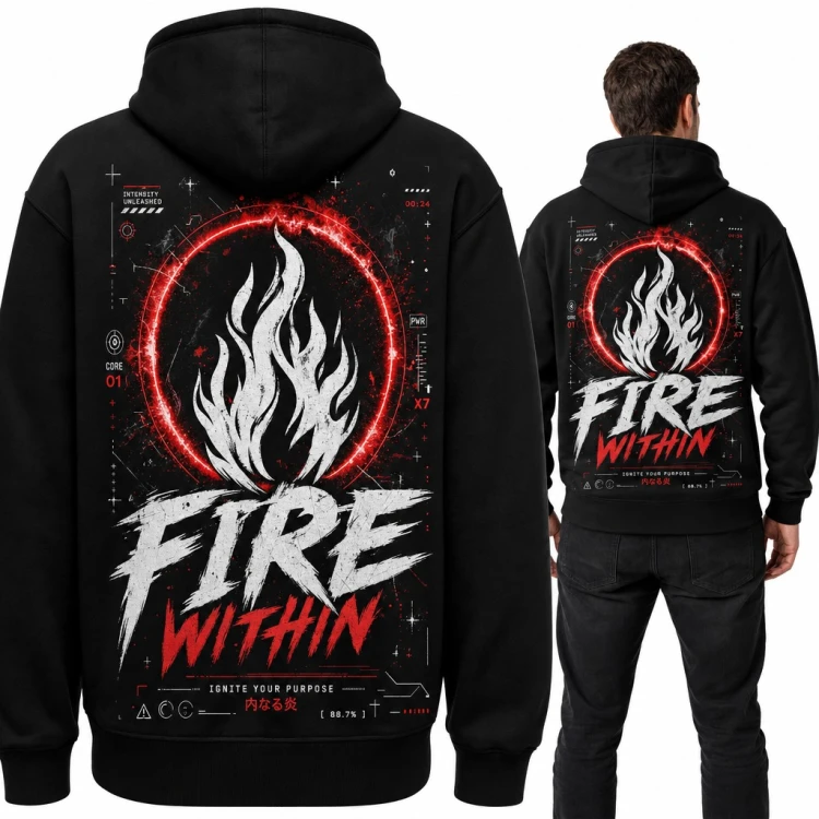Bluza męska z kapturem „Fire Within” - biały płomień w czerwonym kręgu, duży nadruk na plecach
