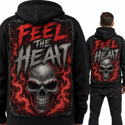 Bluza męska z kapturem - czaszka w płomieniach „Feel the Heat” - duży nadruk na plecach