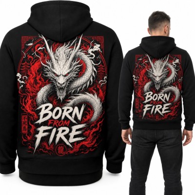 Bluza męska z kapturem - biały chiński smok w płomieniach „Born from fire” - duży nadruk na plecach