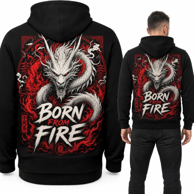 Bluza męska z kapturem - biały chiński smok w płomieniach „Born from fire” - duży nadruk na plecach