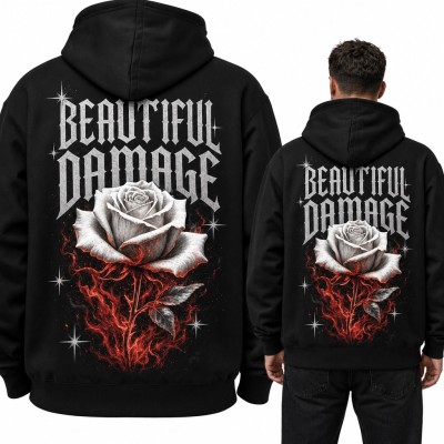 Bluza męska z kapturem - biała róża w płomieniach i gotycki napis „Beautiful Damage” - duży nadruk na plecach