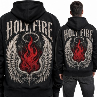 Bluza męska z kapturem „Holy Fire” - płomień z aureolą i skrzydła - duży nadruk na plecach