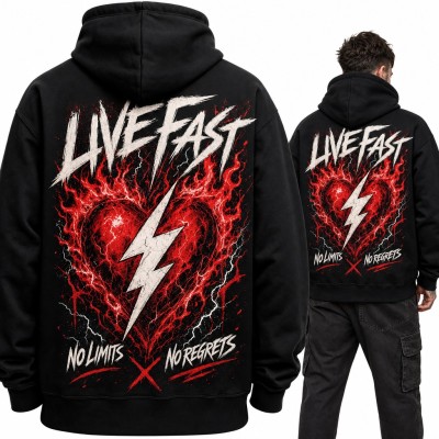 Bluza męska z kapturem - płonące serce z błyskawicą „Live fast” - duży nadruk na plecach