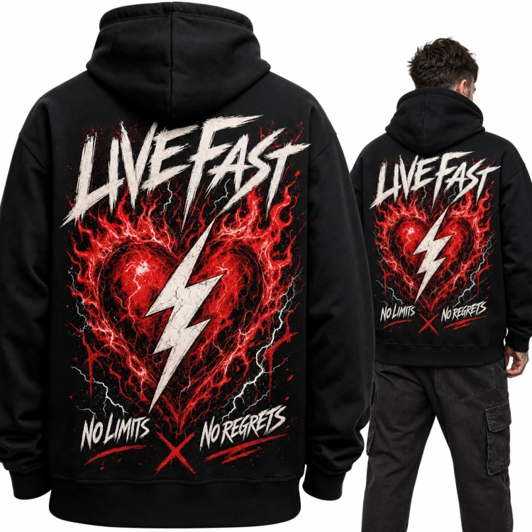 Bluza męska z kapturem - płonące serce z błyskawicą „Live fast” - duży nadruk na plecach
