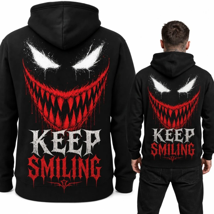 Bluza męska z kapturem - mroczny uśmiech demona „Keep Smiling” - duży nadruk na plecach