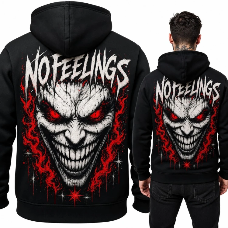 Bluza męska z kapturem „No Feelings” - demon z czerwonymi oczami i duży nadruk na plecach