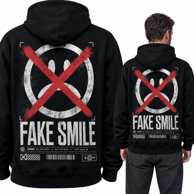 Bluza męska z kapturem - przekreślona smutna buźka „Fake Smile” - duży nadruk na plecach