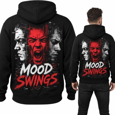 Bluza męska z kapturem „Mood swings” - trzy twarze w stylu glitch, duży nadruk na plecach