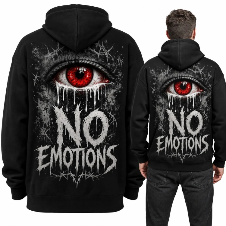 Bluza męska z kapturem „No emotions” - czerwone oko z łzami, duży nadruk na plecach