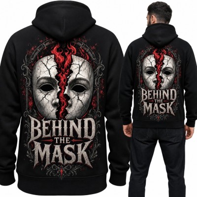 Bluza męska z kapturem „Behind the Mask” z pękniętą maską horroru - duży nadruk na plecach