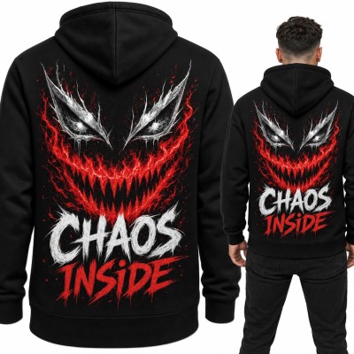 Bluza męska z kapturem „Chaos inside” - demoniczny uśmiech, duży nadruk na plecach