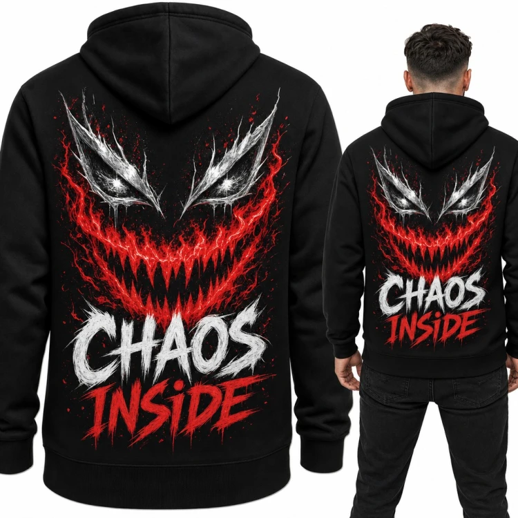 Bluza męska z kapturem „Chaos inside” - demoniczny uśmiech, duży nadruk na plecach
