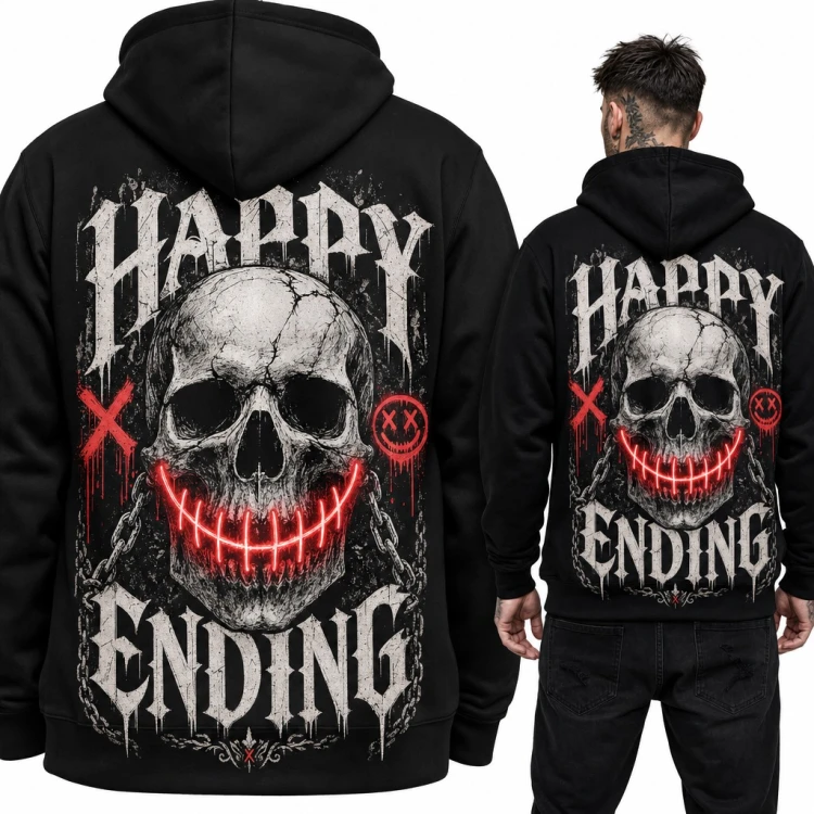 Bluza męska z kapturem - neonowa czaszka z łańcuchami „Happy Ending” - duży nadruk na plecach
