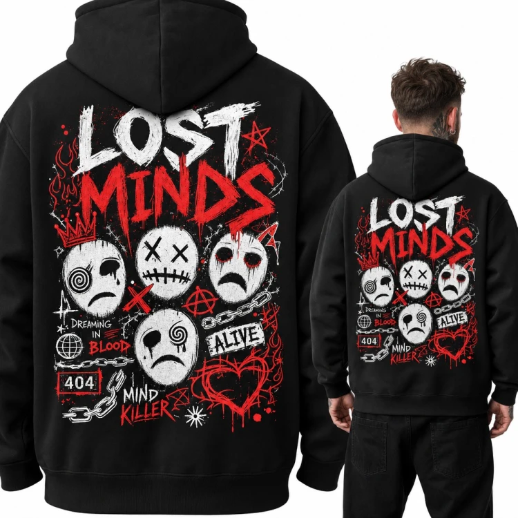 Bluza męska z kapturem „Lost Minds” - graffiti ze smutnymi maskami i łańcuchami, duży nadruk na plecach