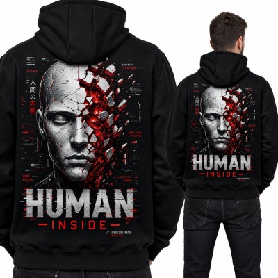 Bluza męska z kapturem „Human Inside” - pękająca twarz cyborga, duży nadruk na plecach