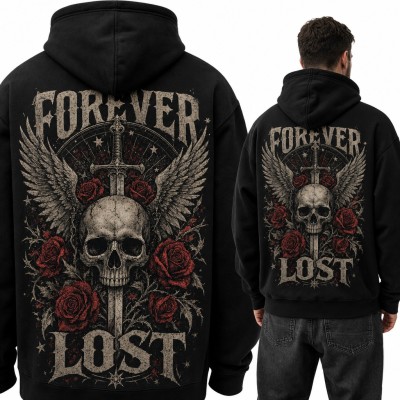 Bluza męska z kapturem „Forever Lost” - czaszka ze skrzydłami i różami, duży nadruk na plecach