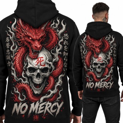 Bluza męska z kapturem - czerwony smok z czaszką „No Mercy” - duży nadruk na plecach