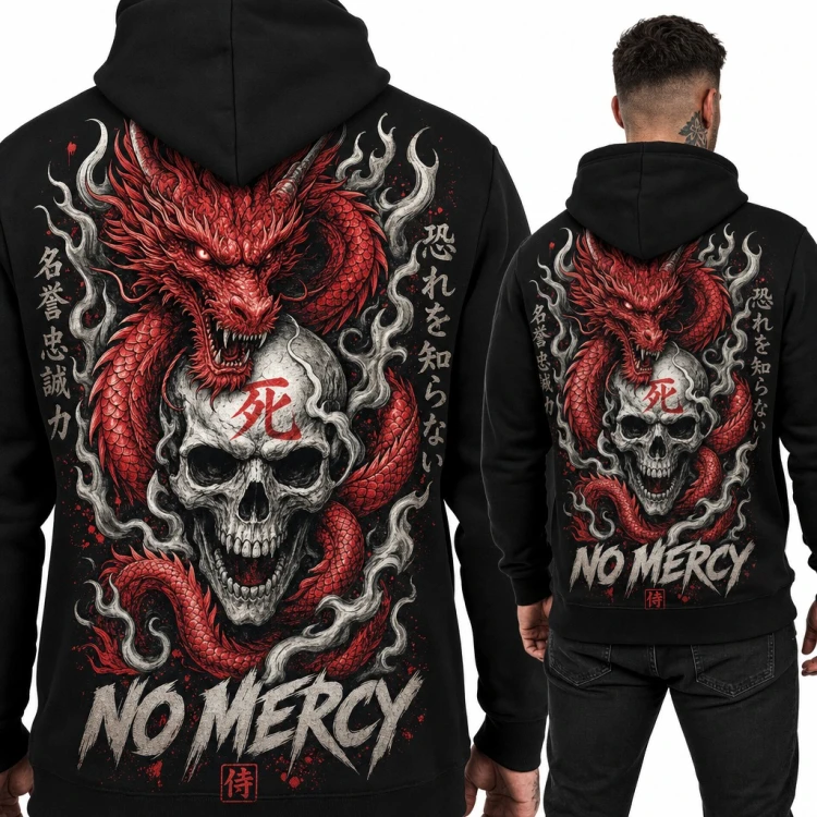 Bluza męska z kapturem - czerwony smok z czaszką „No Mercy” - duży nadruk na plecach