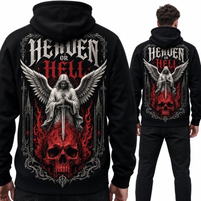 Bluza męska z kapturem „Heaven or Hell” - anioł z mieczem i płonąca czaszka, duży nadruk na plecach