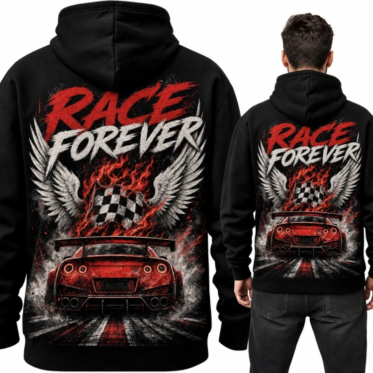 Bluza męska z kapturem „Race forever” - auto wyścigowe i szachownica, duży nadruk na plecach