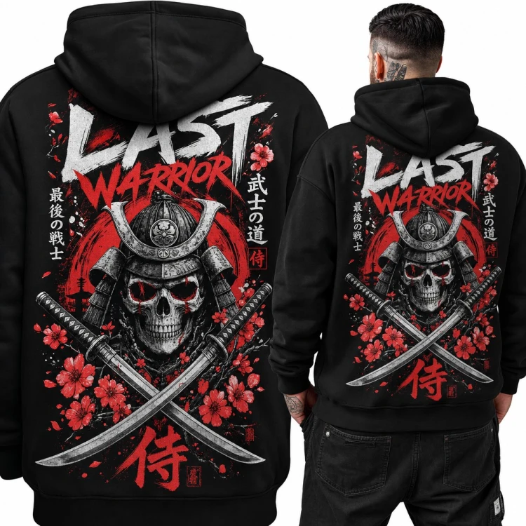 Bluza męska z kapturem - samuraj z czaszką i kataną „Last Warrior” - duży nadruk na plecach