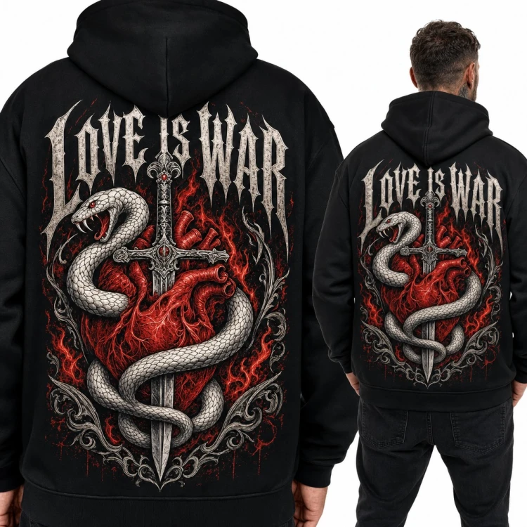 Bluza męska z kapturem - wąż i serce przebite sztyletem „Love is war” - duży nadruk na plecach