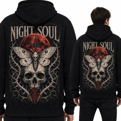 Bluza męska z kapturem - gotycka ćma z czaszką „Night Soul” - duży nadruk na plecach