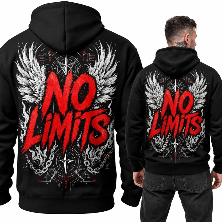 Bluza męska z kapturem „No Limits” - skrzydła i łańcuchy, duży nadruk na plecach