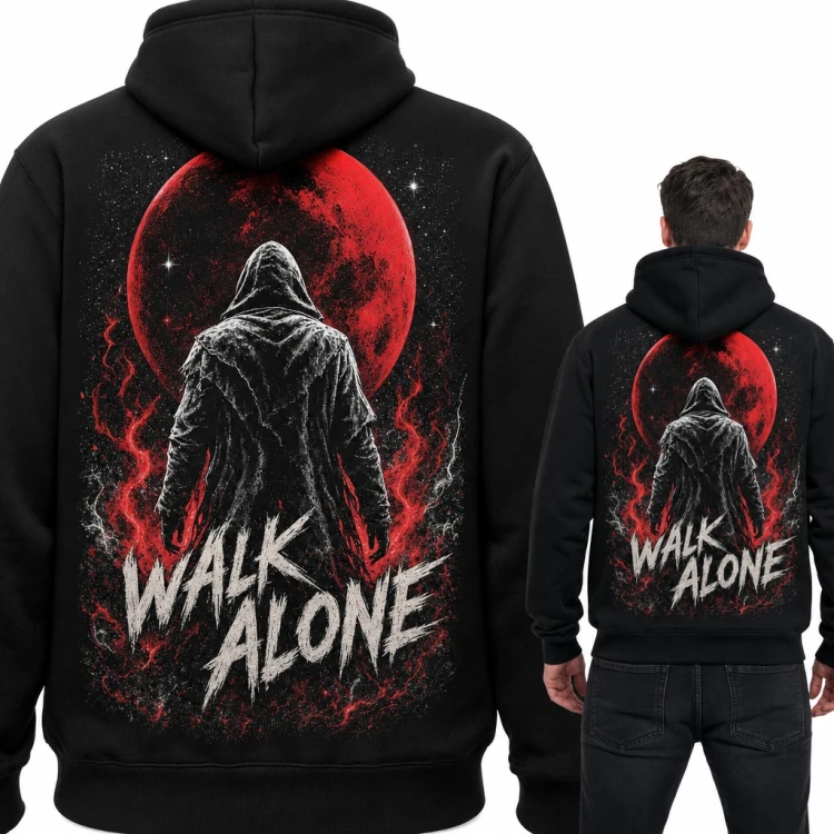 Bluza męska z kapturem „Walk Alone” - wędrowiec pod krwawym księżycem, duży nadruk na plecach