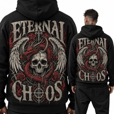 Bluza męska z kapturem - czaszka ze smokiem i skrzydłami „Eternal Chaos” - duży nadruk na plecach