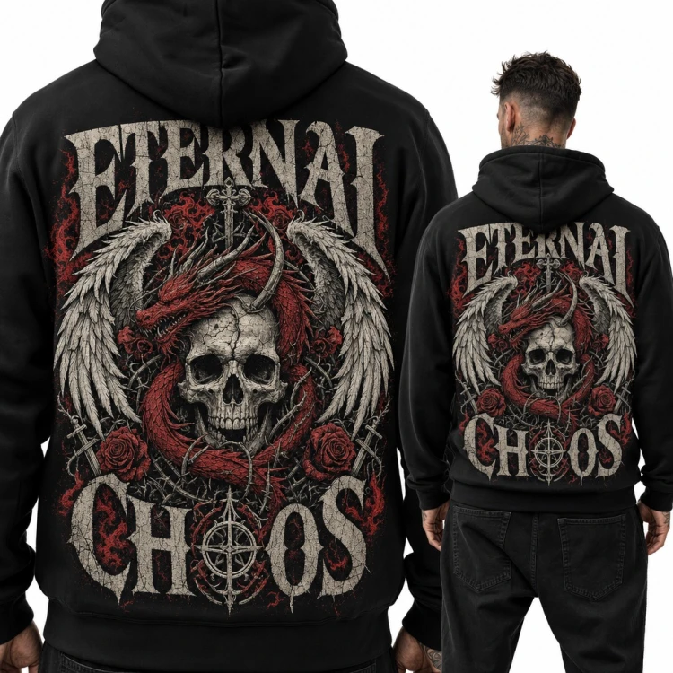 Bluza męska z kapturem - czaszka ze smokiem i skrzydłami „Eternal Chaos” - duży nadruk na plecach